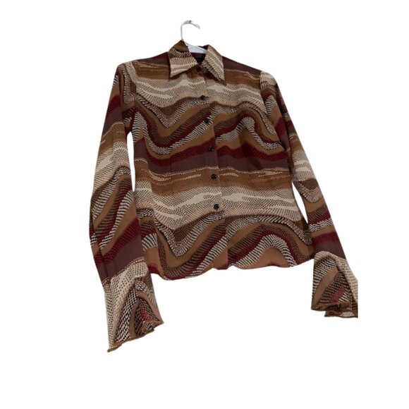 Retro Chic 70s Disco Shirt Heart Soul Bell Sleeve Brown Neutral Mod Knit Small - Picture 3 of 12